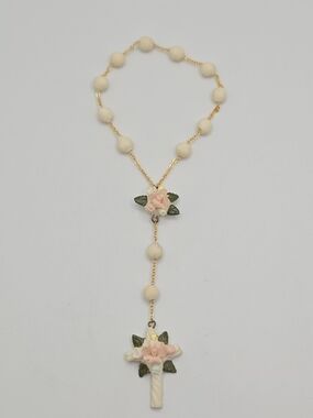 Vintage Porcelain Rosary Bracelet Floral Cross Pink Roses 7"